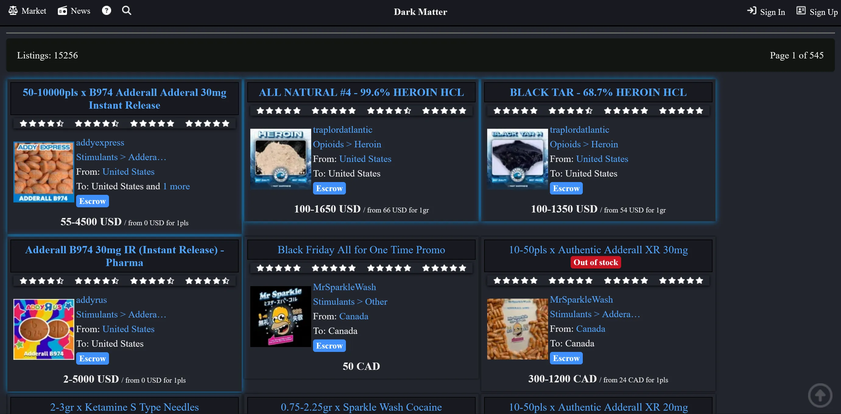DarkMatter dark web market category browse view — listings grouped by category with vendor metadata and reputation scores surfaced at the row level