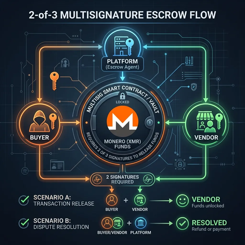 DarkMatter market Monero XMR 2-of-3 multisignature escrow flow diagram — buyer, vendor, and platform each hold one key, any two signatures release or refund funds securely