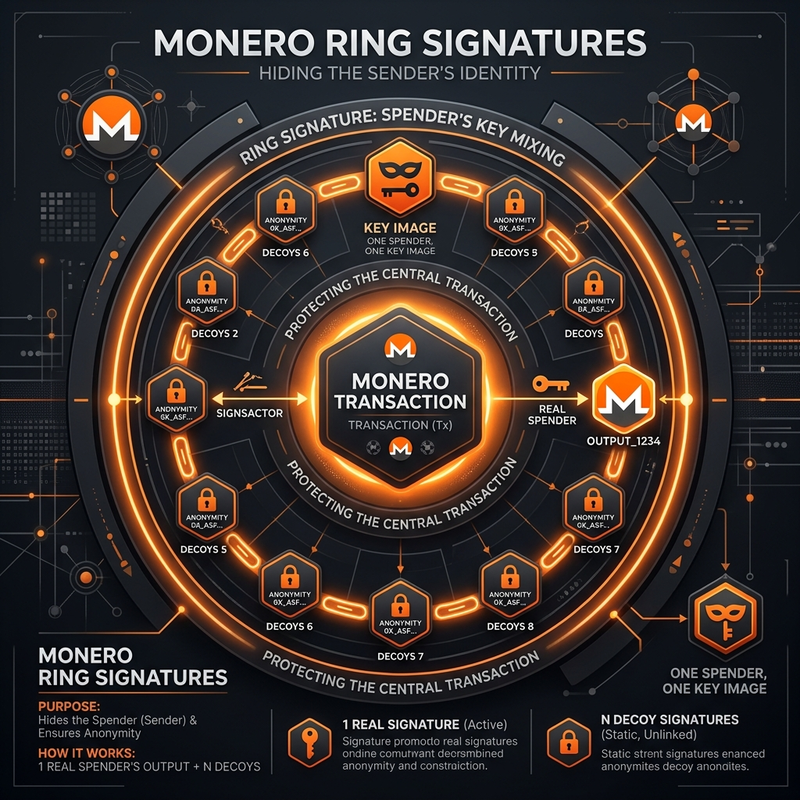 Monero ring signatures diagram showing how XMR mixes real and decoy keys to hide the sender's identity on darknet markets