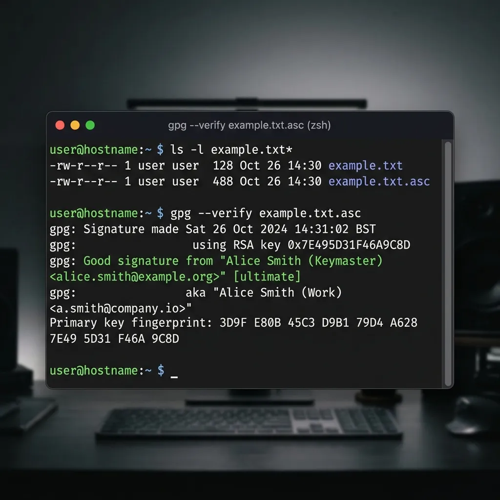 Terminal output of gpg --verify confirming a valid signature on the canonical DarkMatter onion URL — showing Good signature, signed date, and matching fingerprint to prevent phishing