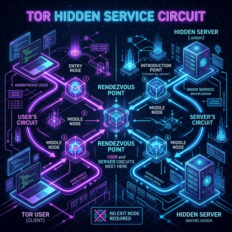 Tor hidden service circuit architecture diagram showing how darknet markets like DarkMatter use rendezvous points instead of exit nodes to hide server IP addresses